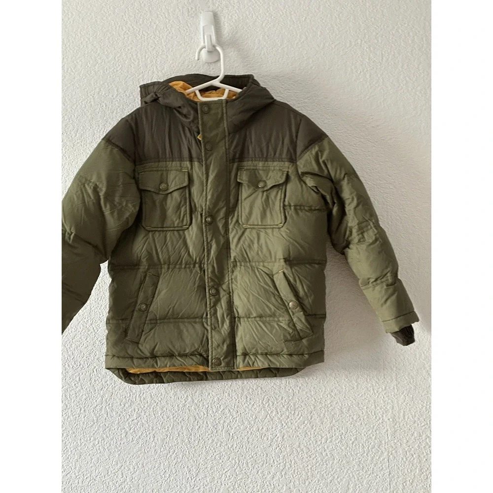 Lands End Kids Size L/7 Green Down‎ Puffer Jacket Hood Pockets Winter Warm Coat
